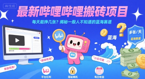 最新哔哩哔哩上B站搬砖项目，每天能挣几张？揭秘一般人不知道的蓝海赛道-3YVIP资源库