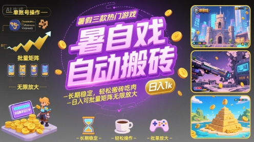 暑假三款热门游戏自动搬砖，长期稳定，轻松搬砖吃肉，日入1k ，可批量矩阵无限放大【揭秘】-3YVIP资源库