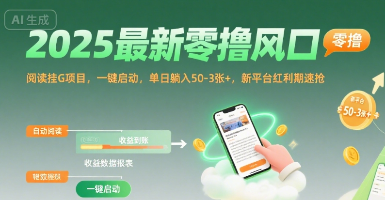 2025最新零撸风口，阅读挂G项目，一键启动，单日躺入 50-3张+，新平台红利期速抢【揭秘】-3YVIP资源库