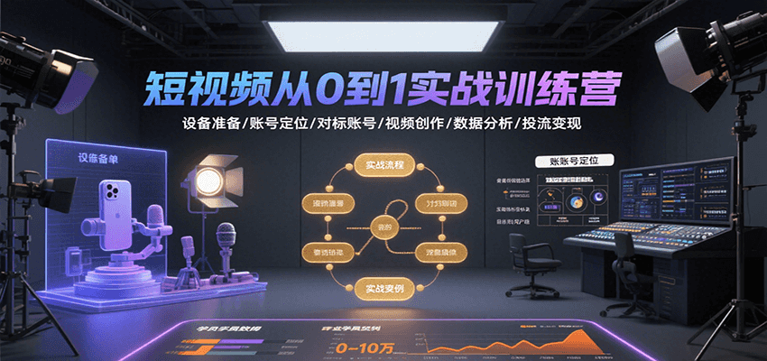 短视频从0到1实战训练营：设备准备/账号定位/对标账号/视频创作/数据分析/投流变现-3YVIP资源库