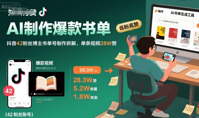 AI制作爆款书单，抖音42粉丝博主书单号制作拆解，单条视频28W赞-3YVIP资源库