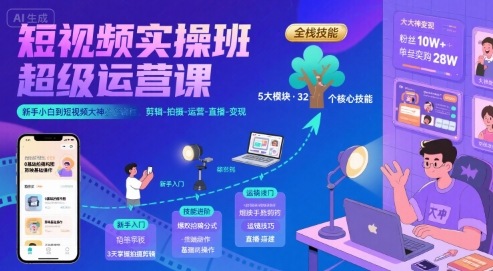 短视频实操班超级运营课，新手小白到短视频大神必修课程，剪辑-拍摄-运营-直播-变现-3YVIP资源库