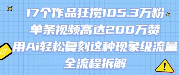 17个作品狂揽105.3W粉，单条视频高达200W赞，用Ai轻松复刻这种现象级流量!(全流程拆解)-3YVIP资源库