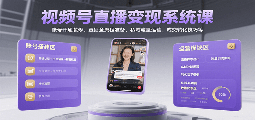 视频号直播变现系统课，账号开通装修、直播全流程准备、私域流量运营、成交转化技巧等-3YVIP资源库