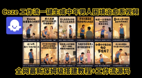 coze工作流一键生成”中年男人困境扎心高涨粉高播放量图文视频”保姆级拆解教程，无需剪辑，无需拍摄写文案-3YVIP资源库