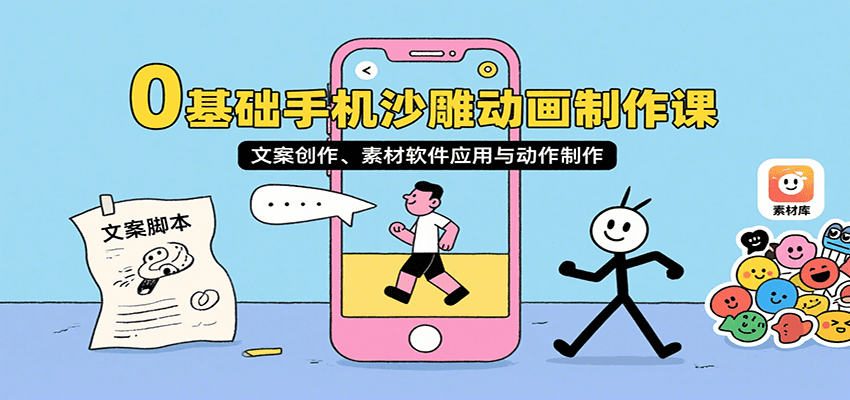 0基础手机沙雕动画制作课，文案创作、素材软件应用与动作制作-3YVIP资源库