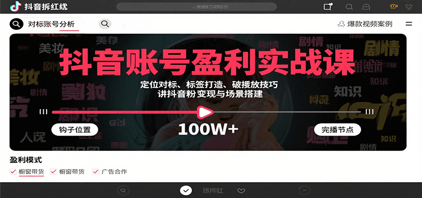 抖音账号盈利实战课，定位对标、标签打造、破播放技巧，讲涨粉变现与场景搭建-3YVIP资源库