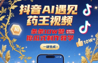 抖音AI遇见药王视频，条条10W赞，快速起千粉万粉号，傻瓜式制作教学-3YVIP资源库