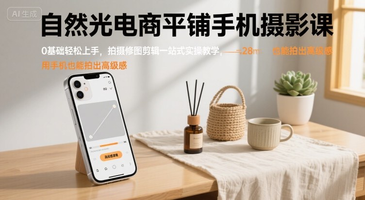 自然光电商平铺手机摄影课，0基础轻松上手，拍摄修图剪辑一站式实操教学，用手机也能拍出高级感-3YVIP资源库