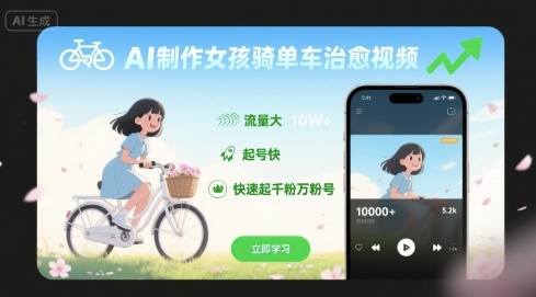 AI制作女孩骑单车治愈视频，流量大，起号快，快速起千粉万粉号-3YVIP资源库