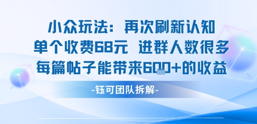 小众玩法再次刷新认知单个收费68米进群人数很多每篇帖子能带来6张的收益-3YVIP资源库