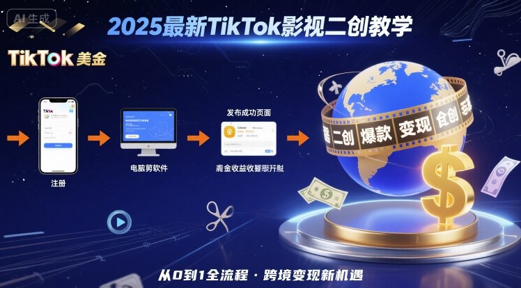 2025年最新TikTok影视二创教学，从注册到发布撸美金全流程，跨境变现新机遇-3YVIP资源库