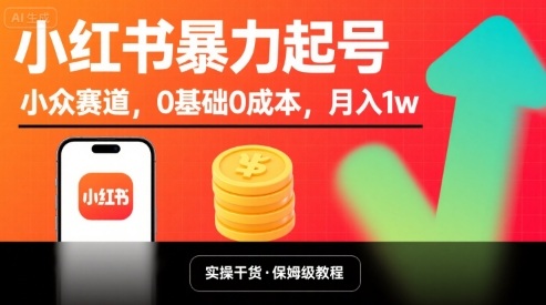 小红书暴力起号，小众赛道，0基础0成本，月入1w-3YVIP资源库