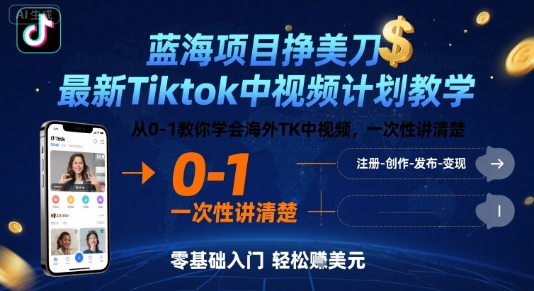 蓝海项目挣美刀，最新Tiktok中视频计划教学，从0-1教你学会海外TK中视频，一次性讲清楚-3YVIP资源库