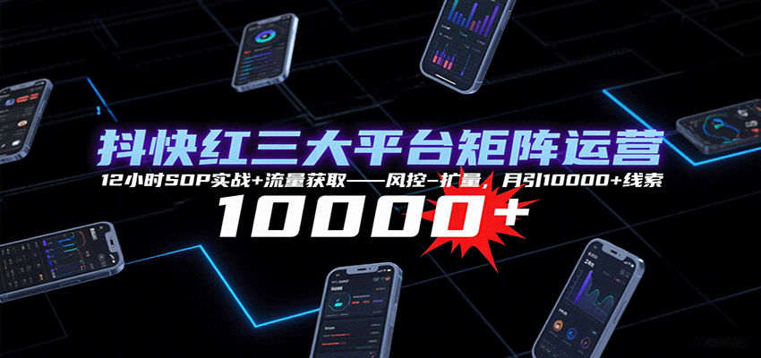 抖快红三大平台矩阵运营，12小时SOP实战+流量获取-风控-扩量，月引10000+线索-3YVIP资源库