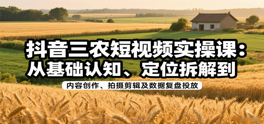抖音三农短视频实操课：从基础认知、定位拆解到内容创作、拍摄剪辑及数据复盘投放-3YVIP资源库