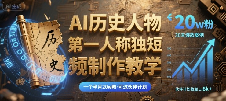 最新AI历史人物第一人称独白短视频制作教学，一个半月20w粉，可过伙伴计划-3YVIP资源库