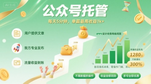 【公众号托管 】我提供文章，你发布，每天5分钟，单篇最高收益1k+【揭秘】-3YVIP资源库