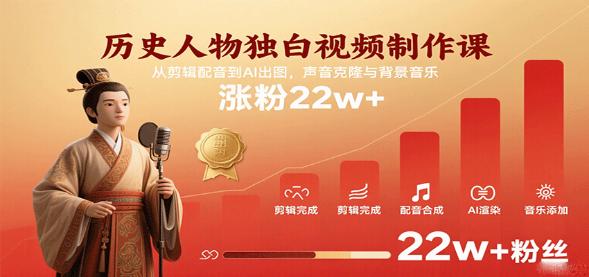 历史人物独白视频制作课，从剪辑配音到AI出图，声音克隆与背景音乐，涨粉22w+-3YVIP资源库