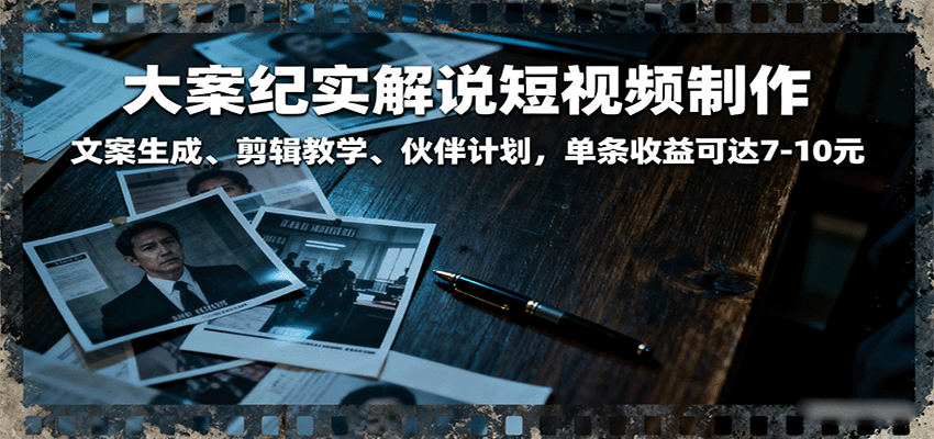 大案纪实解说短视频制作，文案生成、剪辑教学、伙伴计划，单条收益可达7-10元-3YVIP资源库