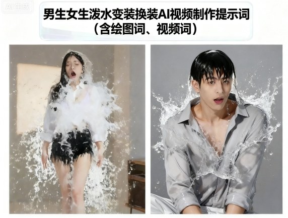 男生女生泼水变装换装AI视频制作提示词(含绘图词、视频词)-3YVIP资源库