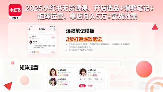 （16024期）2025小红书无货源课，开店选品+爆款笔记+矩阵运营，单店月入5万+实战效果-3YVIP资源库