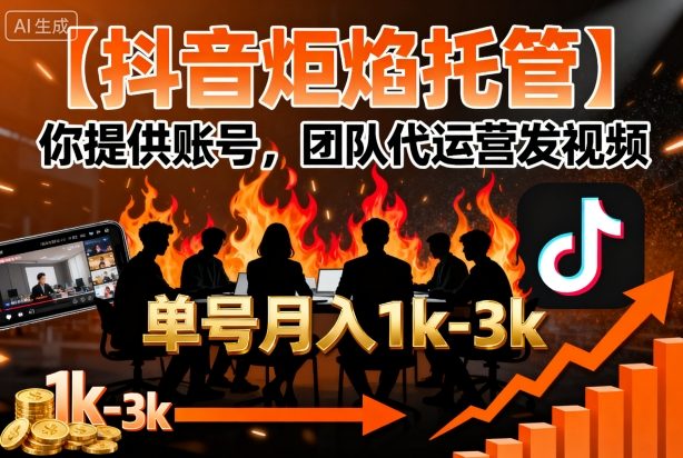 【抖音炬焰托管】你提供账号，团队代运营发视频，单号月入1k+【揭秘】-3YVIP资源库