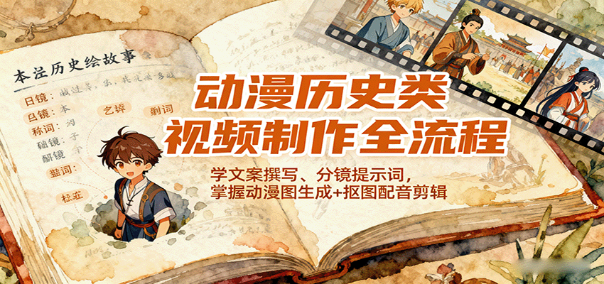动漫历史类视频制作全流程，学文案撰写、分镜提示词，掌握动漫图生成+抠图配音剪辑-3YVIP资源库