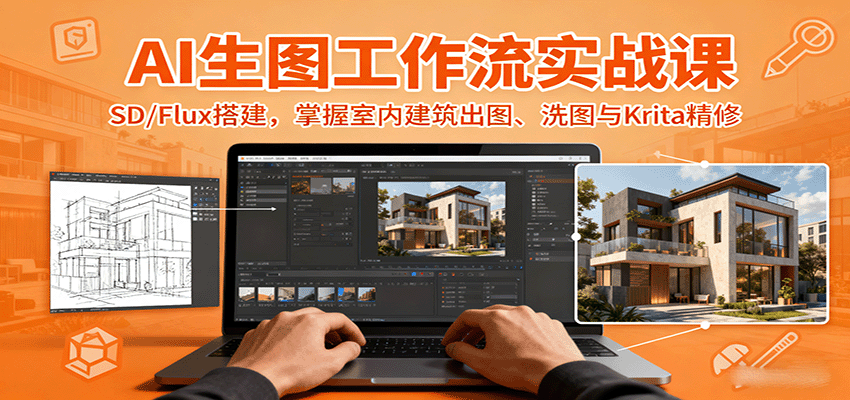AI生图工作流实战课：SD/Flux搭建，掌握室内建筑出图、洗图与Krita精修-3YVIP资源库