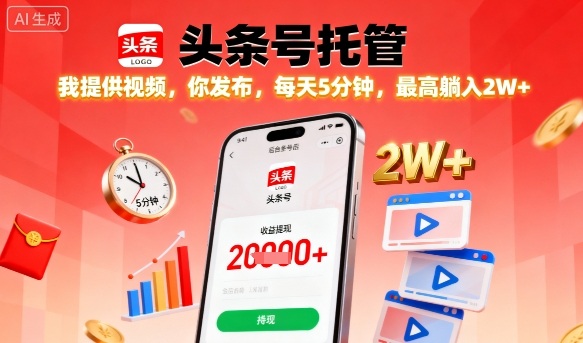 【头条号托管】我提供视频，你发布，每天5分钟，最高躺入2W+【揭秘】-3YVIP资源库