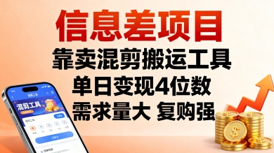 信息差项目，靠卖混剪搬运工具，单日变现4位数，需求量大，复购强，操作简单，几分钟一条视频-3YVIP资源库