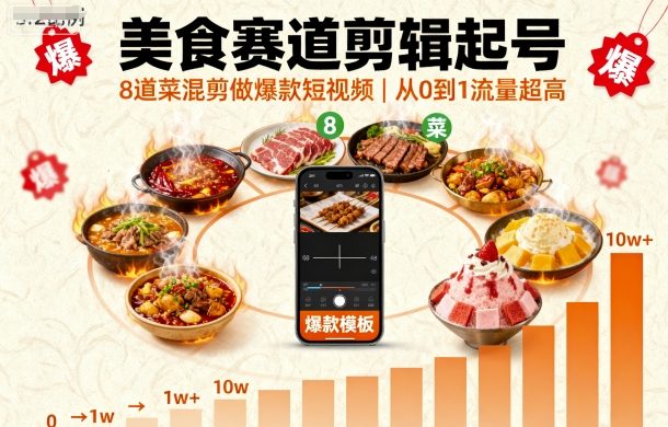 美食赛道剪辑起号，8道菜混剪做爆款短视频，从0到1，流量超高-3YVIP资源库
