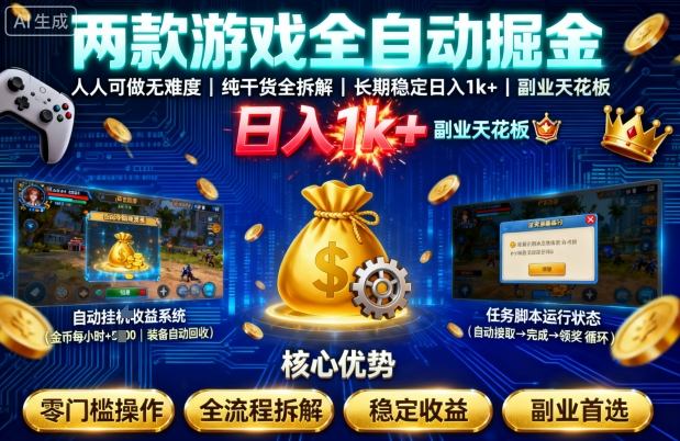 两款游戏全自动掘金，人人可做无难度，纯干货全拆解，长期稳定，日入1k+，副业天花板【揭秘】-3YVIP资源库