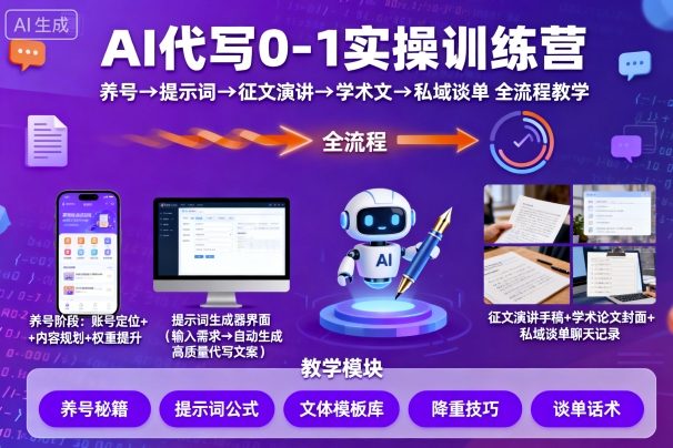 AI代写0-1实操训练营，从养号、提示词、征文演讲、学术文，到私域谈单的全流程教学-3YVIP资源库