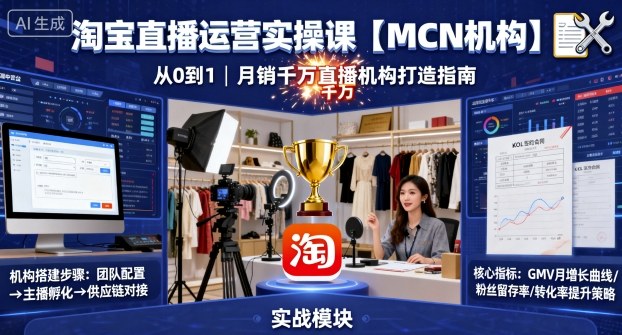 淘宝直播运营实操课【MCN机构】，从0到1做一家月销千W的直播机构-3YVIP资源库