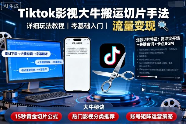 Tiktok影视大牛搬运切片手法，详细玩法教程-3YVIP资源库