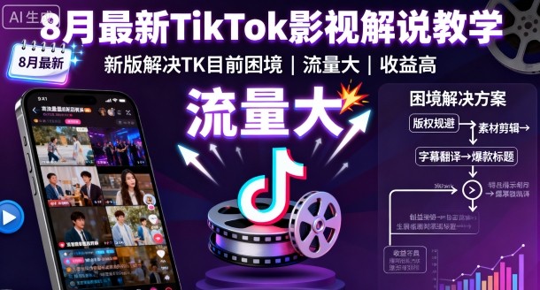 8月最新TikTok影视解说教学，新版解决TK目前困境，流量大，收益高-3YVIP资源库