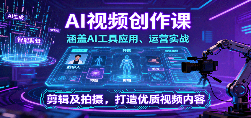 AI视频创作课，涵盖AI工具应用、运营实战、剪辑及拍摄，打造优质视频内容-3YVIP资源库