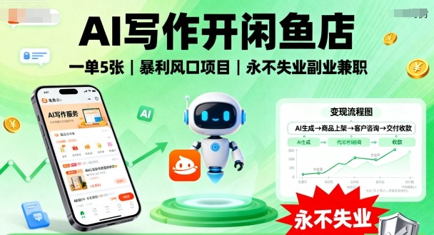 AI写作开闲鱼店，一单5张，暴利风口项目，永不失业副业兼职【全网首发】-3YVIP资源库