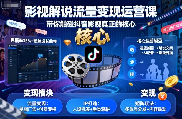 影视解说流量变现运营课，带你触碰抖音影视真正的核心-3YVIP资源库