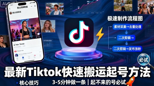 最新Tiktok快速搬运快速起号方法，3-5分钟做一条，起不来的号可以试试-3YVIP资源库
