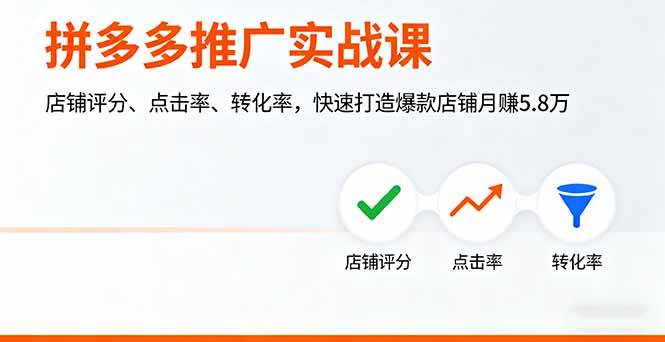 （16115期）拼多多推广实战课，店铺评分、点击率、转化率，快速打造爆款店铺月赚5.8万-3YVIP资源库