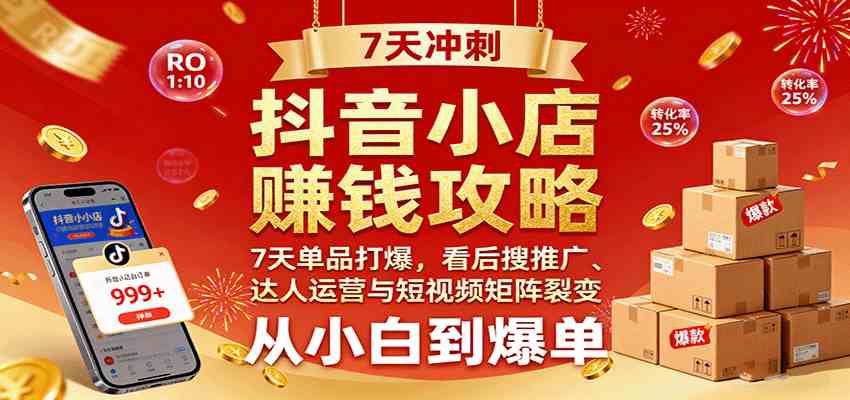 抖音小店赚钱攻略：7天单品打爆技巧，看后搜推广、达人运营与短视频矩阵裂变实战-3YVIP资源库