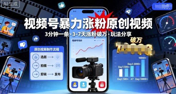 视频号暴力涨粉原创视频，3分钟一条原创视频，3-7天涨粉破万，玩法分享给你-3YVIP资源库