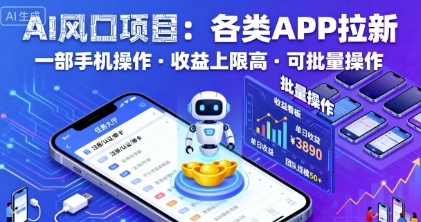 AI风口项目，各类APP拉新，一部手机就可以操作，收益上限高，可批量操作-3YVIP资源库