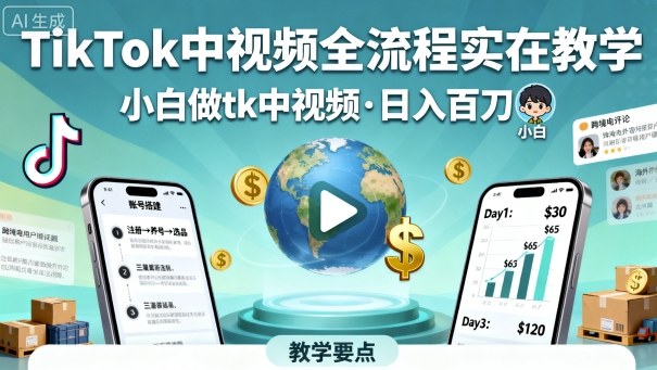 TikTok中视频全流程实操教学，小白做tk中视频，日入百刀-3YVIP资源库