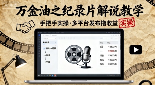 万金油之纪录片解说教学，手把手教你，完全实操，多平台发布撸收益-3YVIP资源库