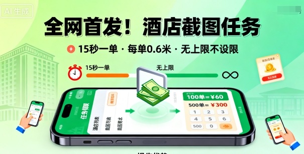 全网首发！酒店截图任务，15秒一单，每单0.6米，任务无上限不设限，矩阵操作单日3张到手【揭秘】-3YVIP资源库