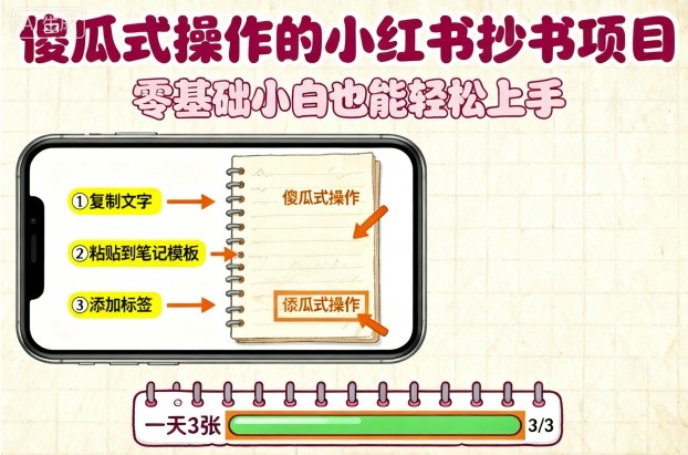 傻瓜式操作的小红书抄书项目，会复制粘贴就行，零基础小白也能一天3张-3YVIP资源库
