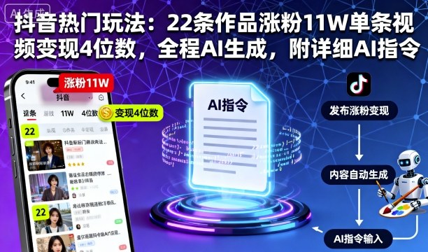 抖音热门玩法：22条作品涨粉11W单条视频变现4位数，全程AI生成，附详细AI指令-3YVIP资源库